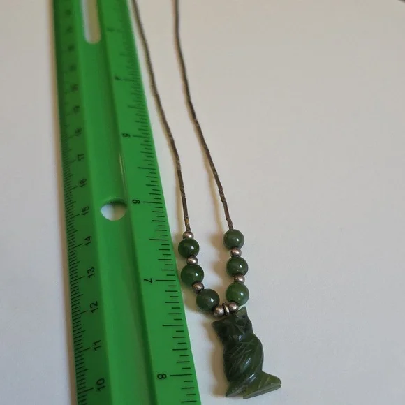 Carved Owl Sterling Silver Green Pendant Necklace - Picture 10 of 11